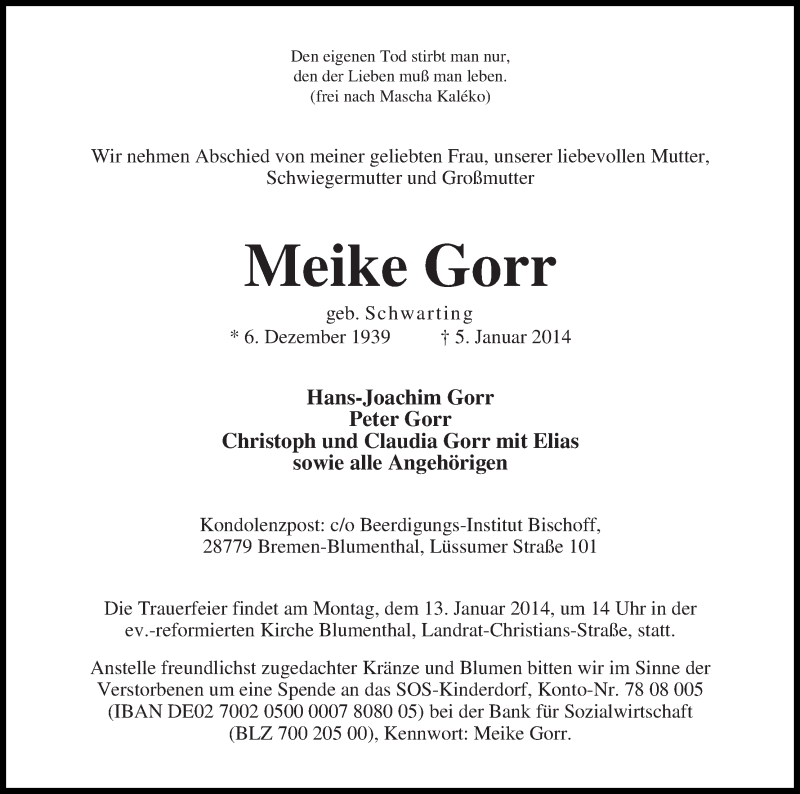 Traueranzeige von Meike Gorr von WESER-KURIER