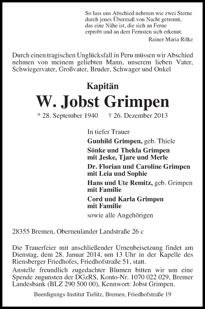 Traueranzeige von W. Jobst Grimpen von WESER-KURIER