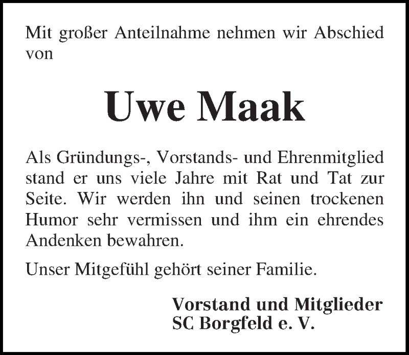 Traueranzeige von Uwe Maak von WESER-KURIER