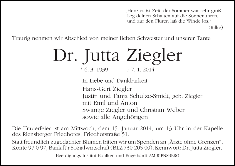 Traueranzeige von Jutta Ziegler von WESER-KURIER