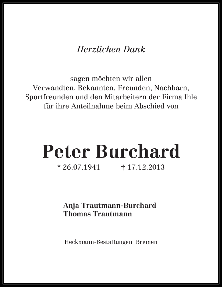 Traueranzeige von Peter Burchard von WESER-KURIER
