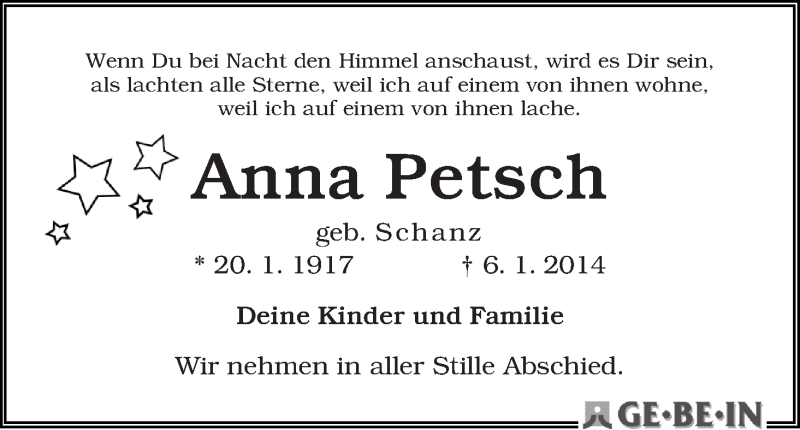 Traueranzeige von Anna Petsch von WESER-KURIER