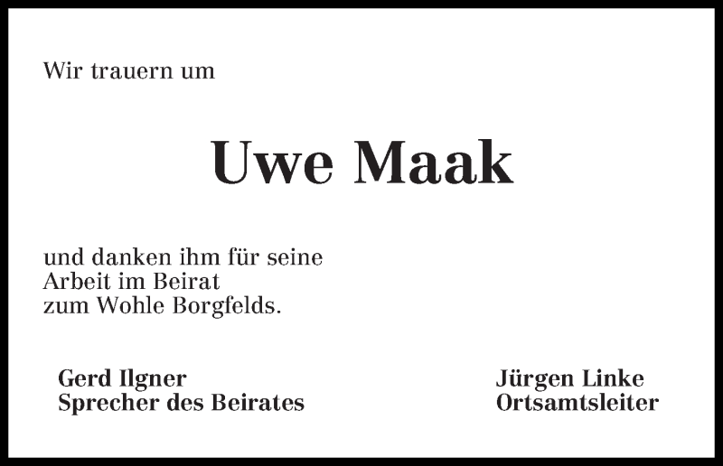 Traueranzeige von Uwe Maak von WESER-KURIER