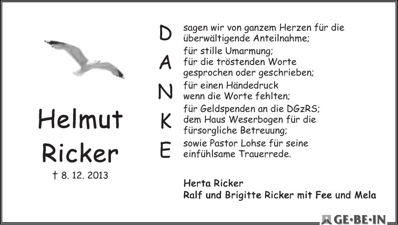 Traueranzeige von Helmut Ricker von WESER-KURIER