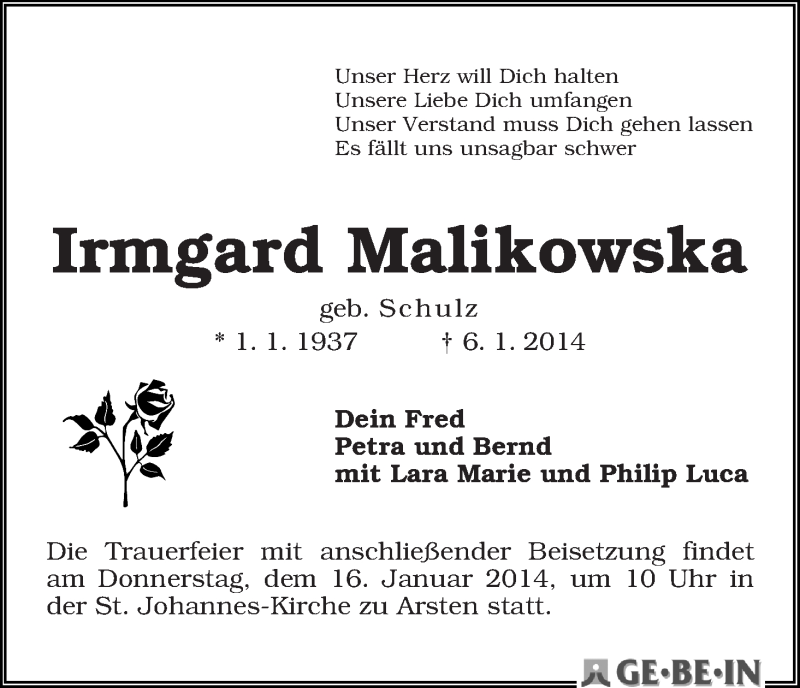 Traueranzeige von Irmgard Malikowska von WESER-KURIER