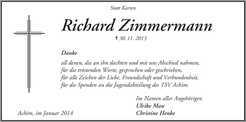 Traueranzeige von Richard Zimmermann von WESER-KURIER