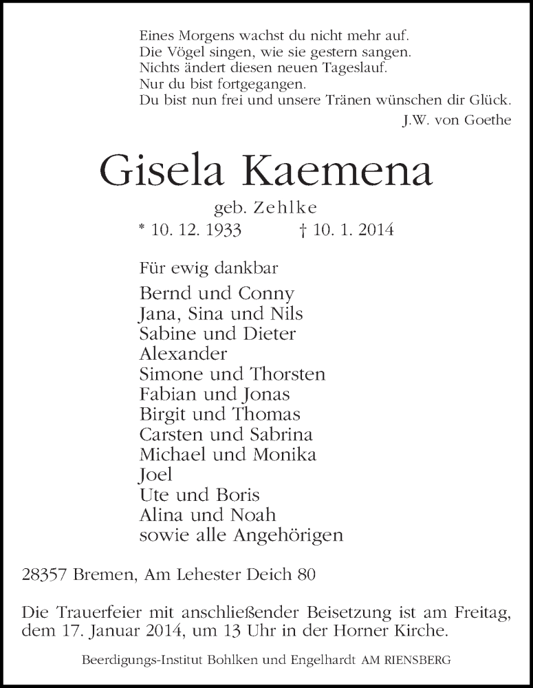 Traueranzeige von Gisela Kaemena von WESER-KURIER