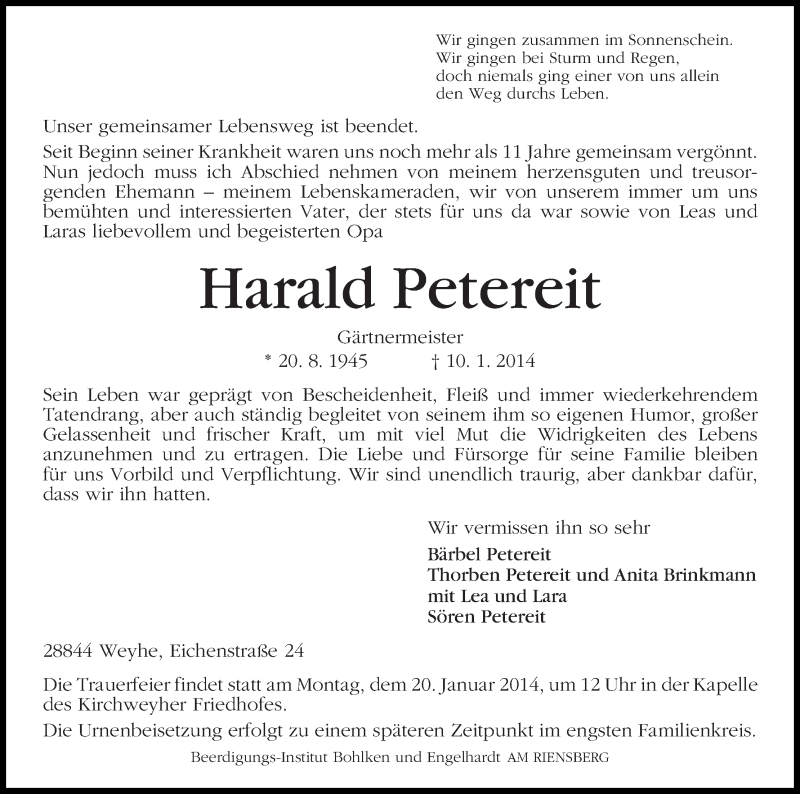 Traueranzeige von Harald Petereit von WESER-KURIER