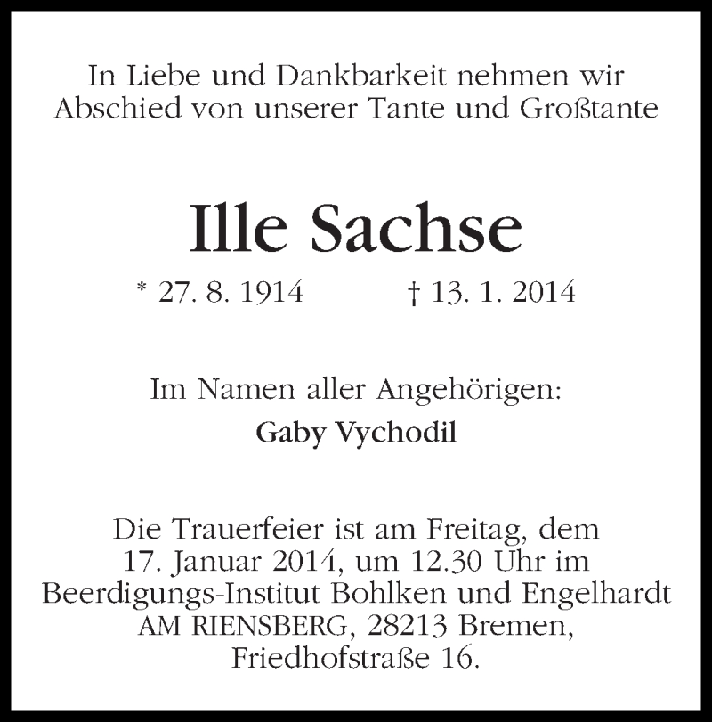 Traueranzeige von Ille Sachse von WESER-KURIER