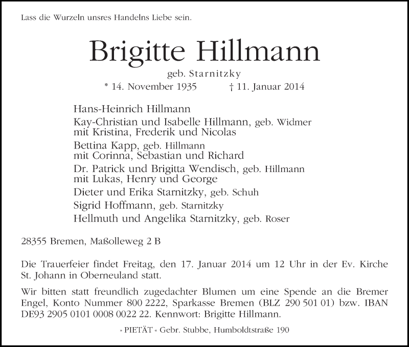 Traueranzeige von Brigitte Hillmann von WESER-KURIER