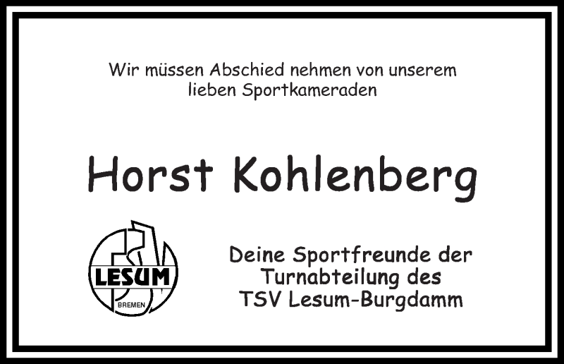 Traueranzeige von Horst Kohlenberg von WESER-KURIER
