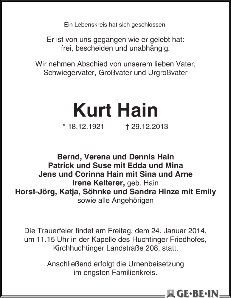 Traueranzeige von Kurt Hain von WESER-KURIER