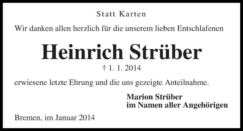 Traueranzeige von Heinrich Strüber von WESER-KURIER