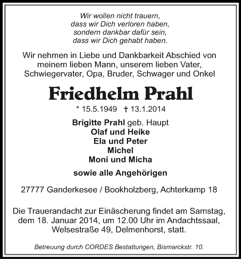 Traueranzeige von Friedhelm Prahl von WESER-KURIER