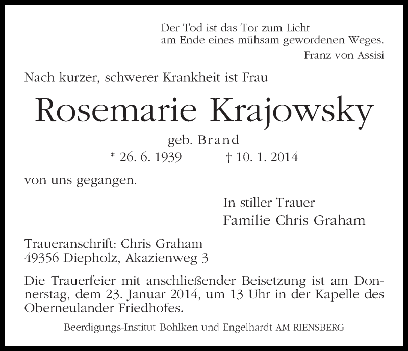 Traueranzeige von Rosemarie Krajowsky von WESER-KURIER