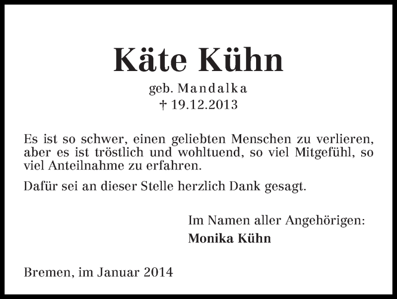 Traueranzeige von Käte Kühn von WESER-KURIER