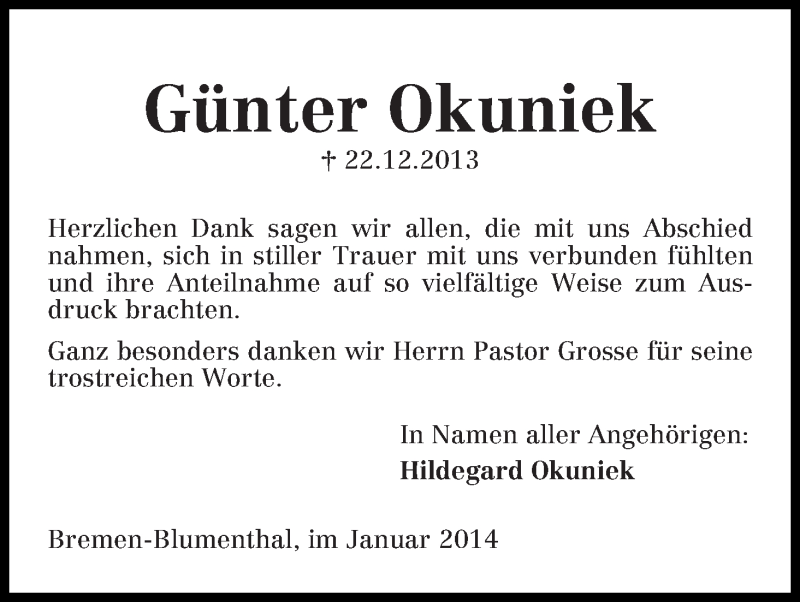 Traueranzeige von Günter Okuniek von WESER-KURIER