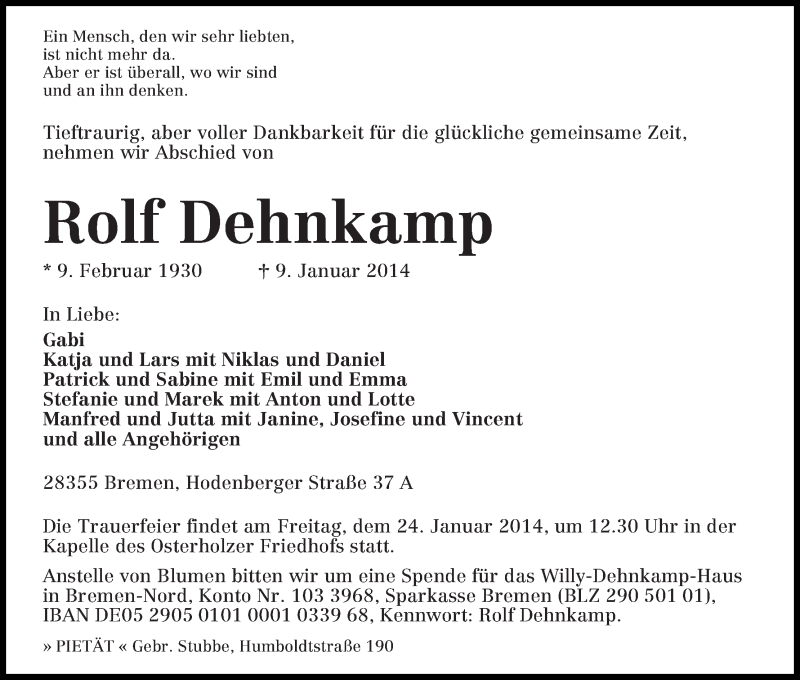 Traueranzeige von Rolf Dehnkamp von WESER-KURIER