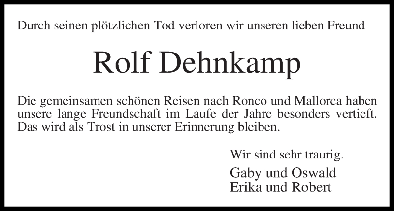 Traueranzeige von Rolf Dehnkamp von WESER-KURIER