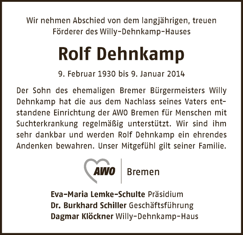 Traueranzeige von Rolf Dehnkamp von WESER-KURIER