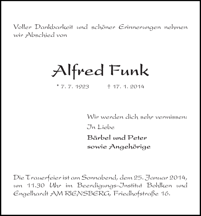 Traueranzeige von Alfred Funk von WESER-KURIER
