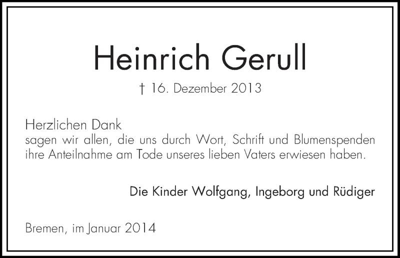 Traueranzeige von Heinrich Gerull von WESER-KURIER