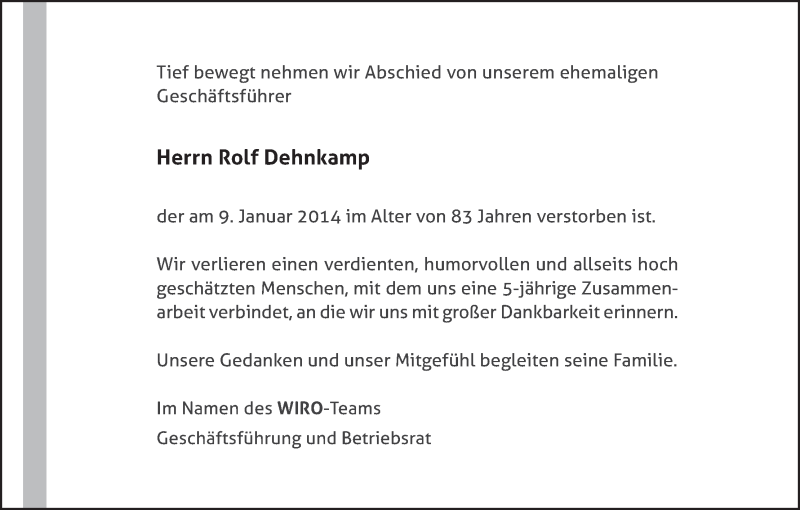 Traueranzeige von Rolf Dehnkamp von WESER-KURIER