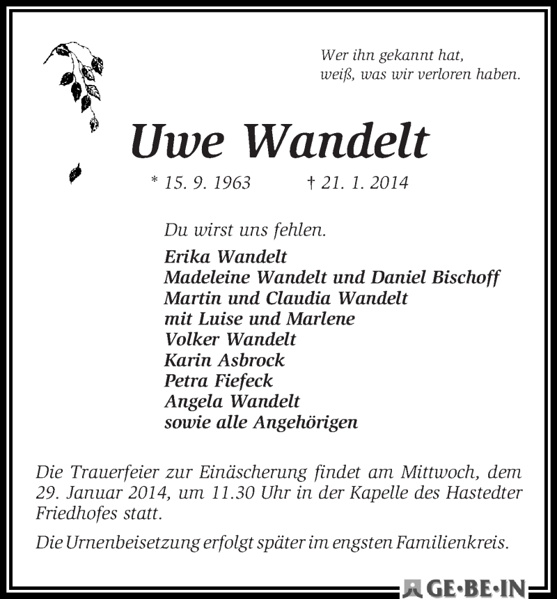 Traueranzeige von Uwe Wandelt von WESER-KURIER