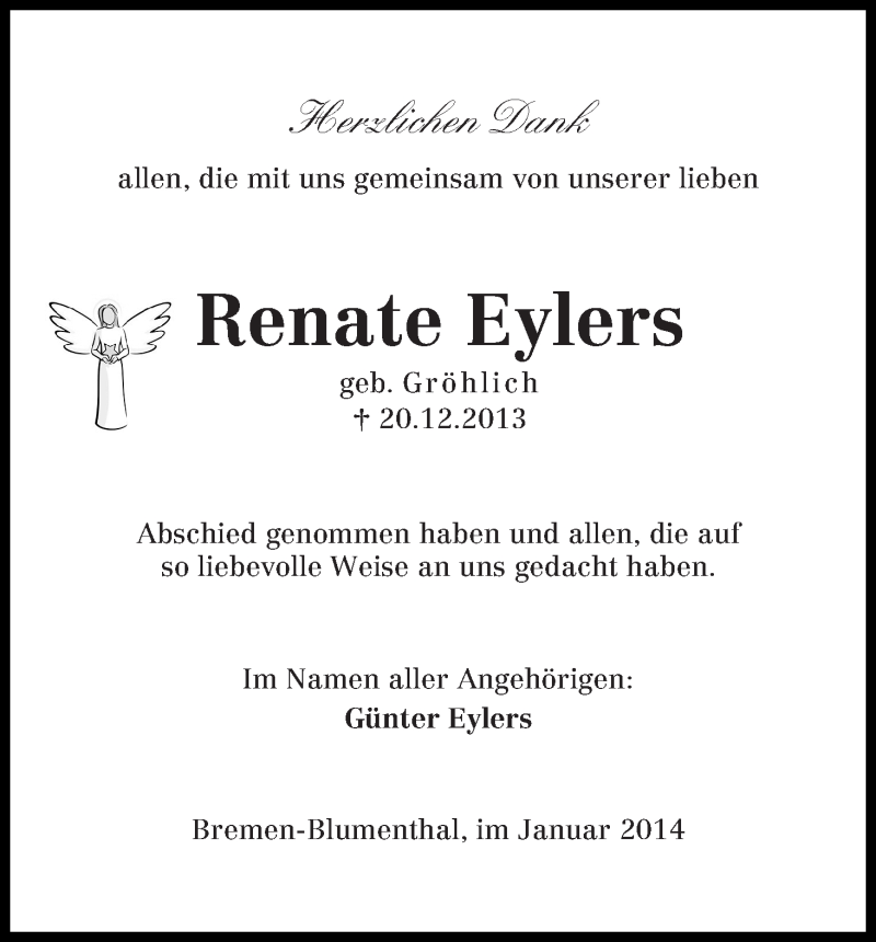 Traueranzeige von Renate Eylers von WESER-KURIER
