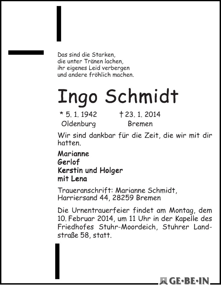 Traueranzeige von Ingo Schmidt von WESER-KURIER