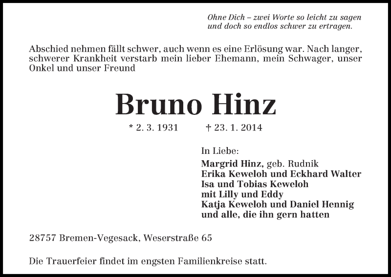 Traueranzeige von Bruno Hinz von WESER-KURIER