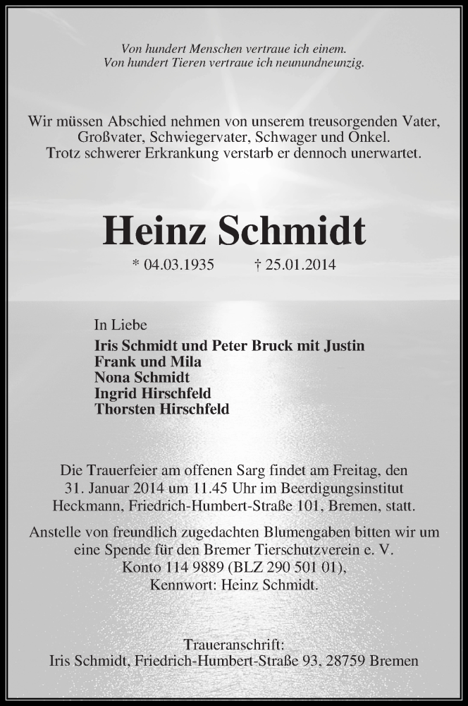 Traueranzeige von Heinz Schmidt von WESER-KURIER