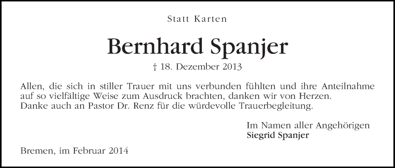Traueranzeige von Bernhard Spanjer von WESER-KURIER