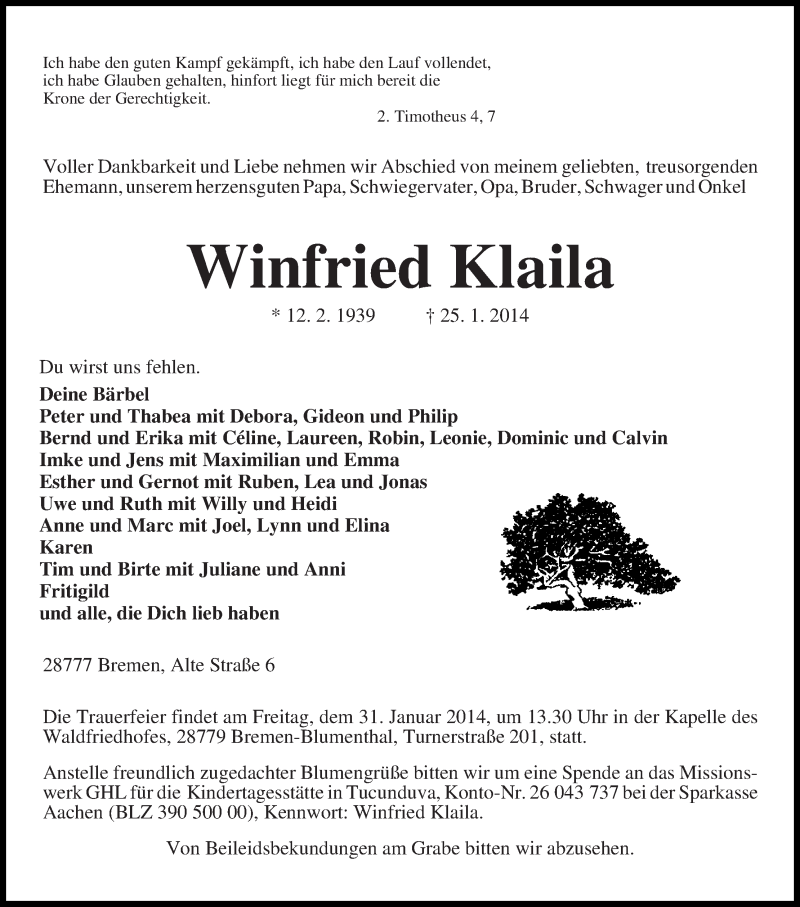 Traueranzeige von Winfried Klaila von WESER-KURIER