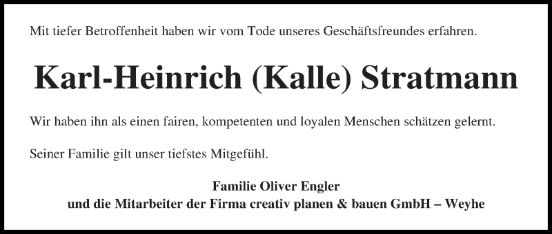 Traueranzeige von Karl-Heinrich Stratmann von WESER-KURIER