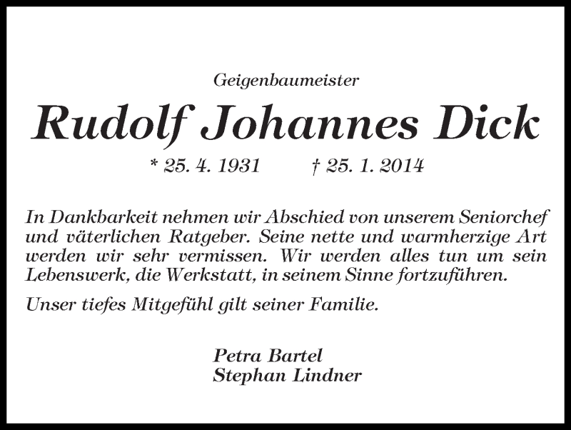 Traueranzeige von Rudolf Johannes Dick von WESER-KURIER
