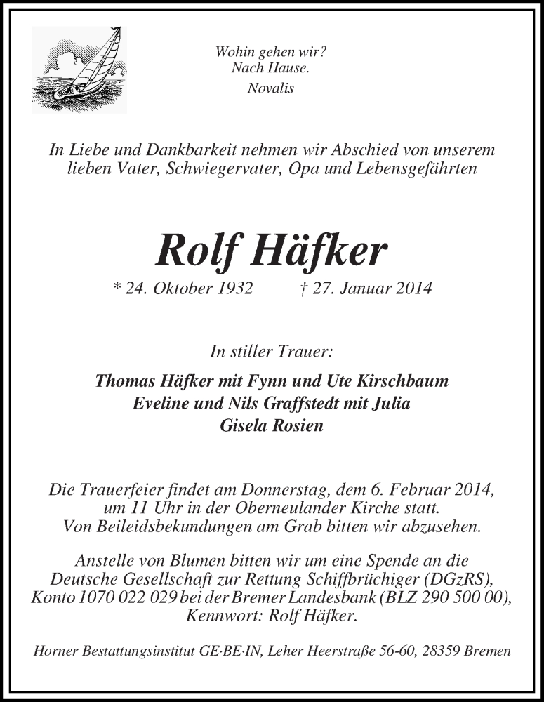 Traueranzeige von Rolf Häfker von WESER-KURIER