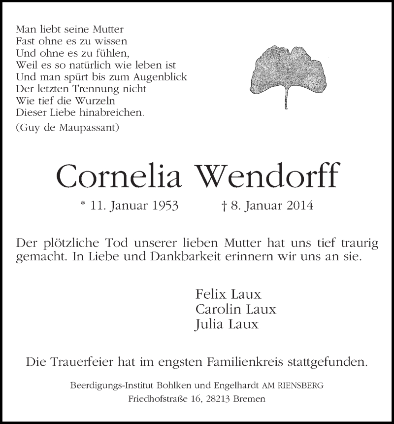 Traueranzeige von Cornelia Wendorff von WESER-KURIER