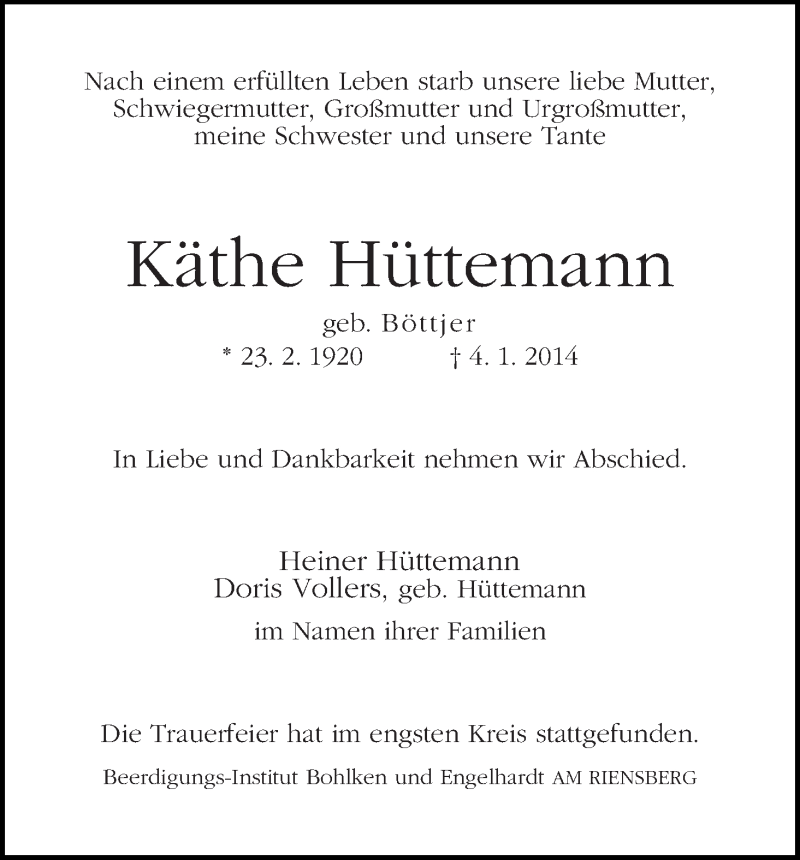 Traueranzeige von Käthe Hüttemann von WESER-KURIER