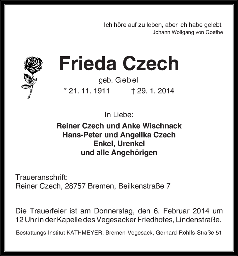 Traueranzeige von Frieda Czech von WESER-KURIER