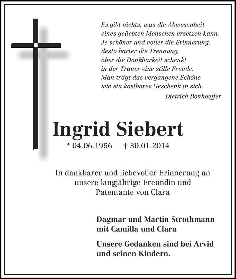 Traueranzeige von Ingrid Siebert von WESER-KURIER