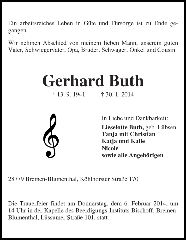 Traueranzeige von Gerhard Buth von WESER-KURIER