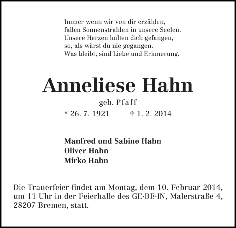 Traueranzeige von Anneliese Hahn von WESER-KURIER