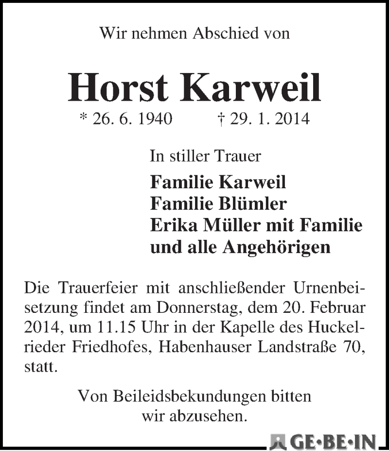 Traueranzeige von Horst Karweil von WESER-KURIER