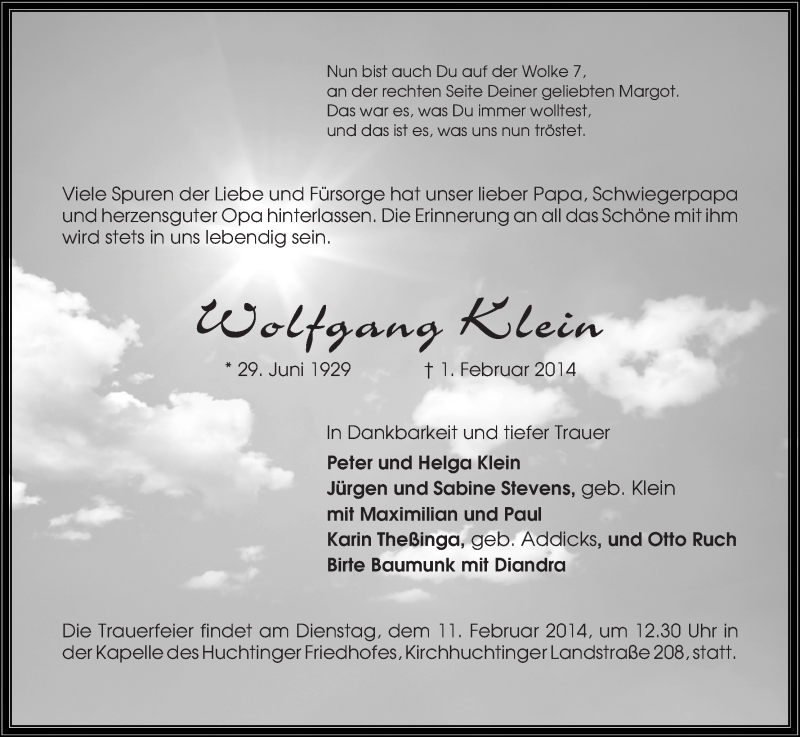 Traueranzeige von Wolfgang Klein von WESER-KURIER