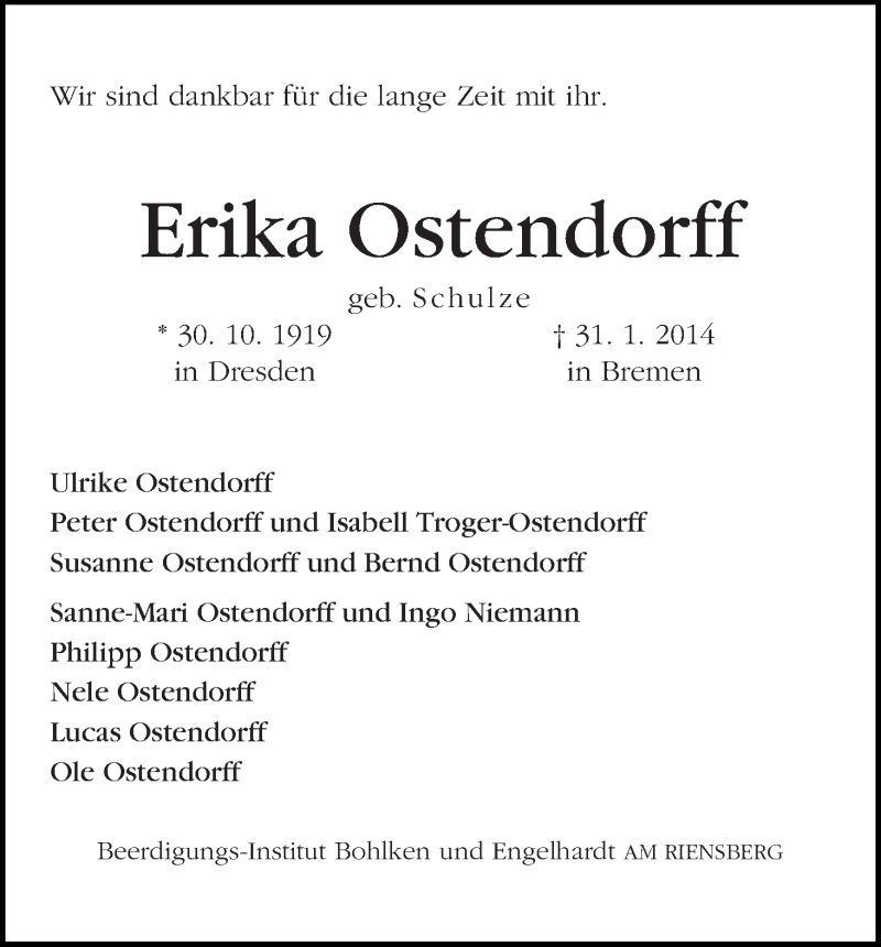 Traueranzeige von Erika Ostendorff von WESER-KURIER