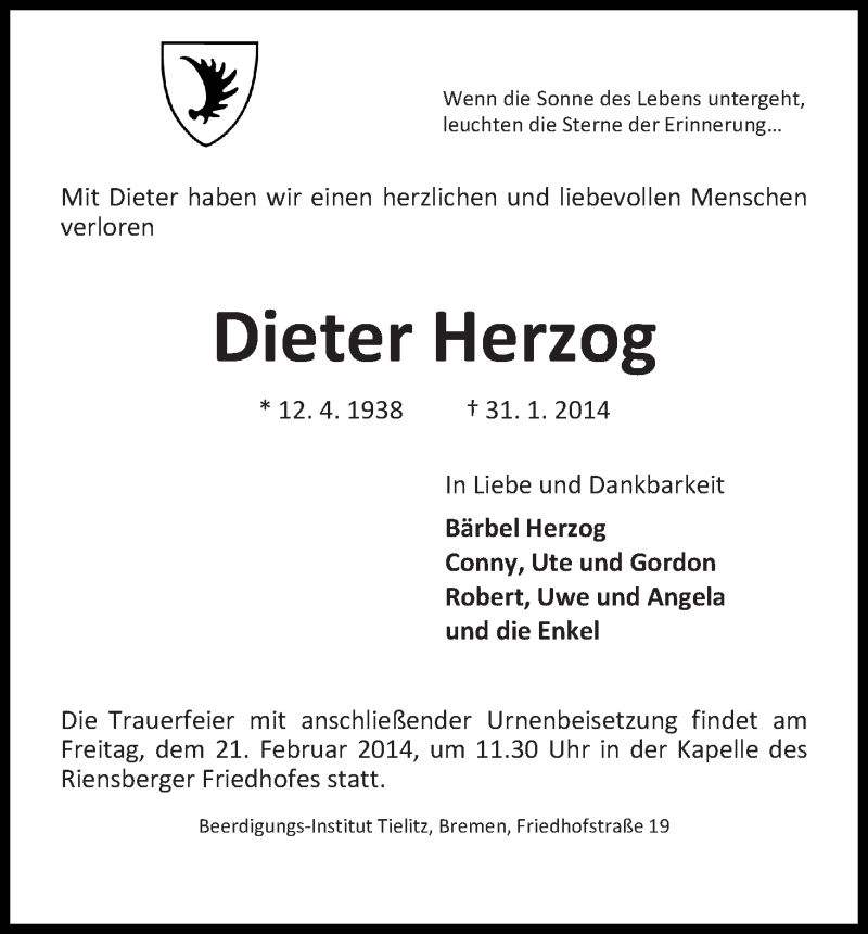 Traueranzeige von Dieter Herzog von WESER-KURIER