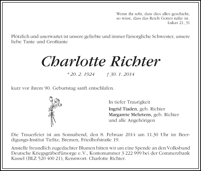 Traueranzeige von Charlotte Richter von WESER-KURIER