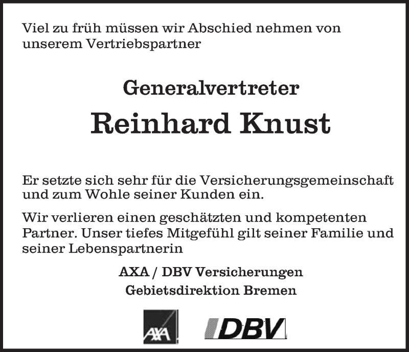 Traueranzeige von Reinhard Knust von WESER-KURIER