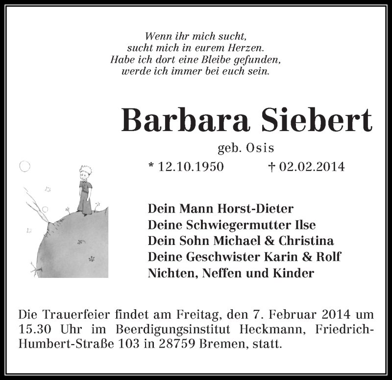 Traueranzeige von Barbara Siebert von WESER-KURIER